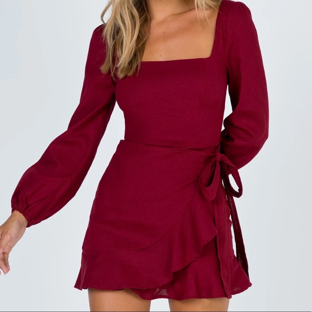 Princess Polly Womens Size 6 long sleeve burgundy villa wrap mini dress